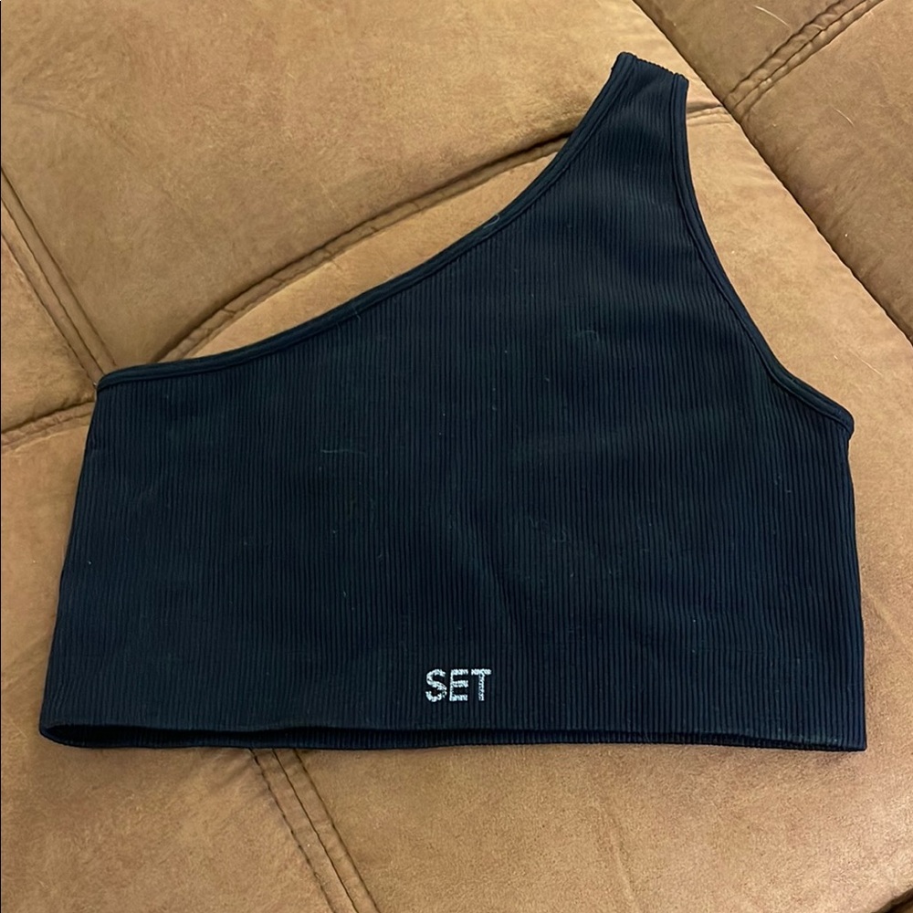SET Active Ribbed Black One-Shoulder Top